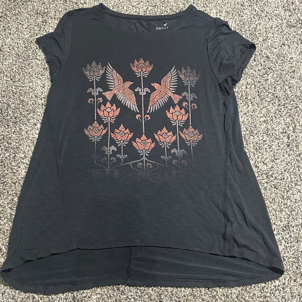 American Eagle Outfitters Black Tee with Floral and Bird Design